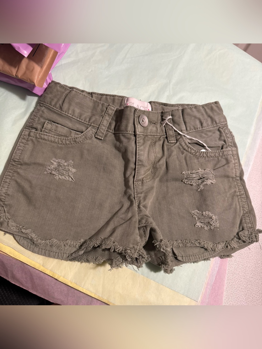 Place Olive Frayed Denim Shorts
